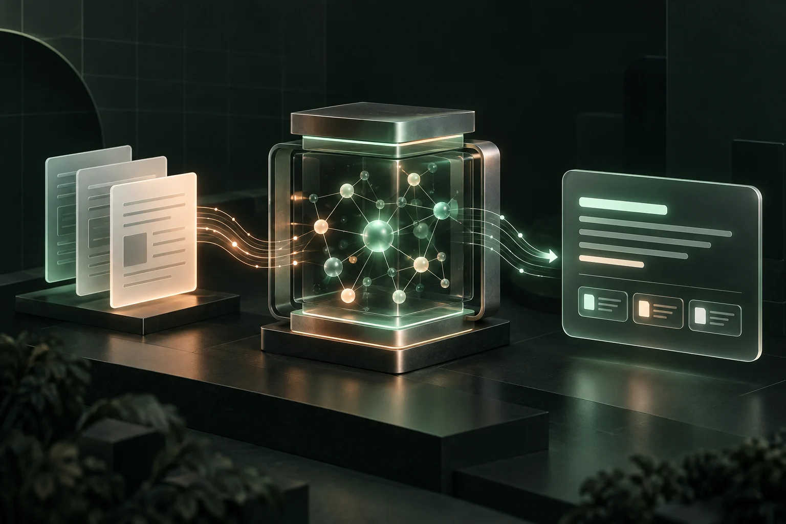 AI RAG Platform concept: documents flow through a connected knowledge engine into an answer with source citations